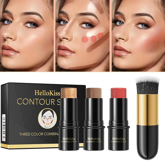 Cream contour kit with contour brush, creates facial contour, non-greasy, 4-piece blush stick 